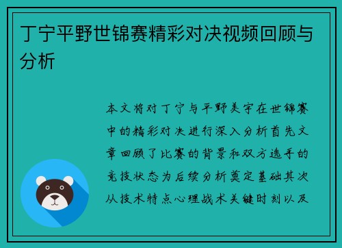 丁宁平野世锦赛精彩对决视频回顾与分析