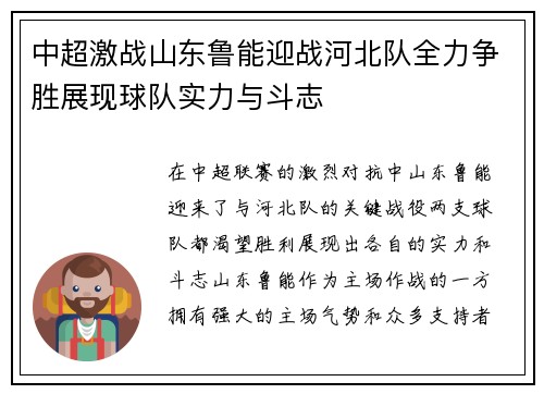 中超激战山东鲁能迎战河北队全力争胜展现球队实力与斗志